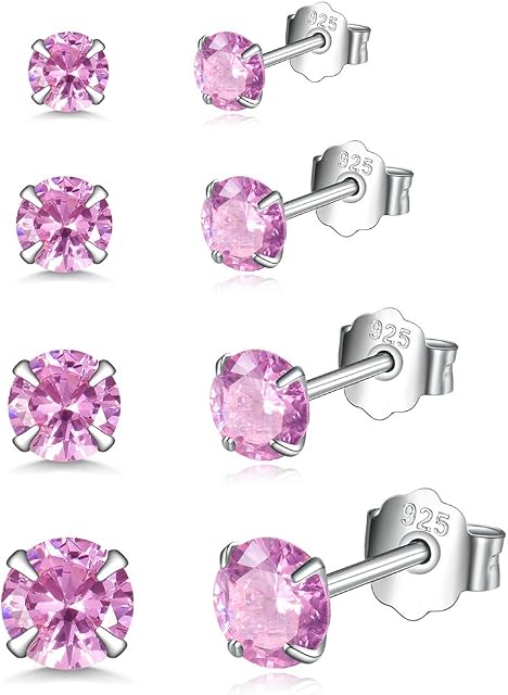 Shuxin Silver Stud Earrings for Women, 4 Pairs 925 Sterling Silver Zirconia Stud Earrings Set, Hypoallergenic Small Sleeper Cartilage Studs with Cubic Zirconia, 8 Colors, Size: 3, 4, 5, 6mm