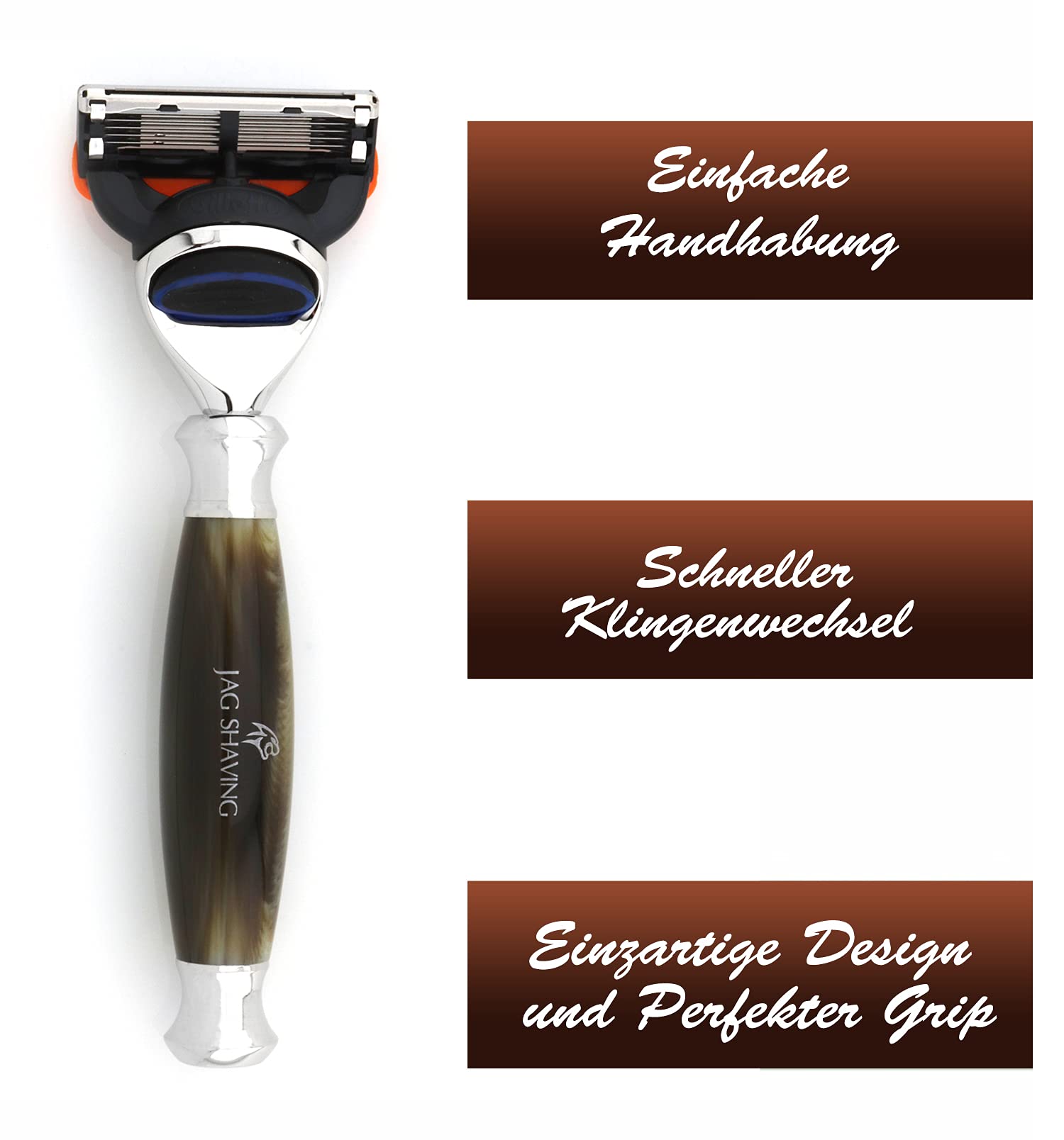 Jag Shaving Rasierset - 3-teiliges Rasierset - JAG's LEE Range - Silberspitz Dachshaar Rasierpinsel - 5 Rasierklingen Rasierhobel - Rasierständer - Grüne Hornimitation Farbe
