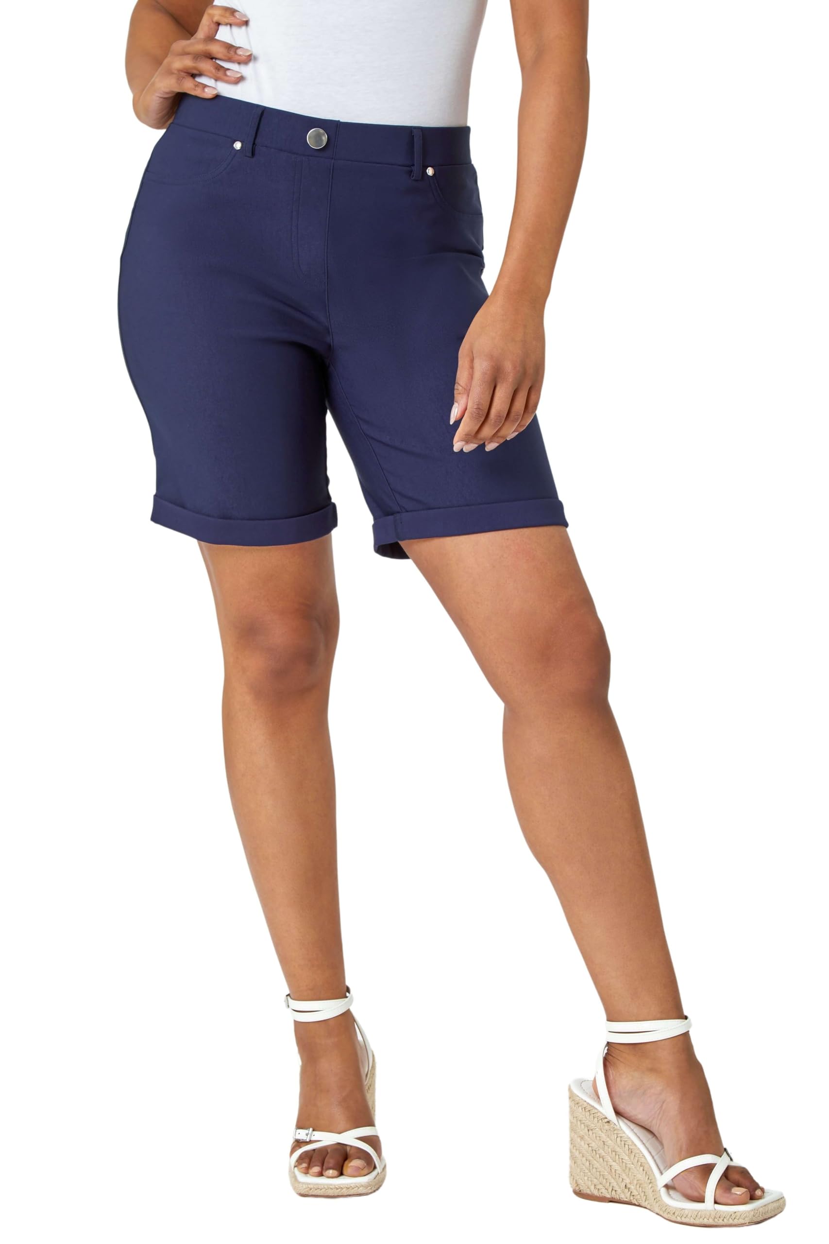 Roman Originals Women's Navy Roman Stretch Shorts For Uk Pull On Turned Hem Cut Off Bengaline Mom Boyfriend Boy Denim Casual Cropped Pants Capri Slim Fit Turn Up Summer Crops Mother - Size 16