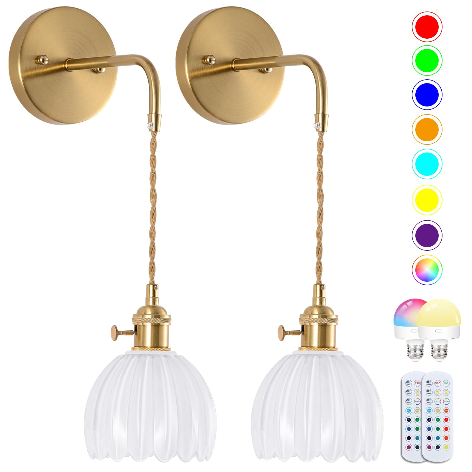 Vintage Battery Operated Wall Sconces Sets Of Two, Indoor not Hardwired Milky White Tulip Glass Lampshade Fixtures, Rechargeable Wireless RGB Wall Lights with Dimmable Remote, for Bedroom Living Room