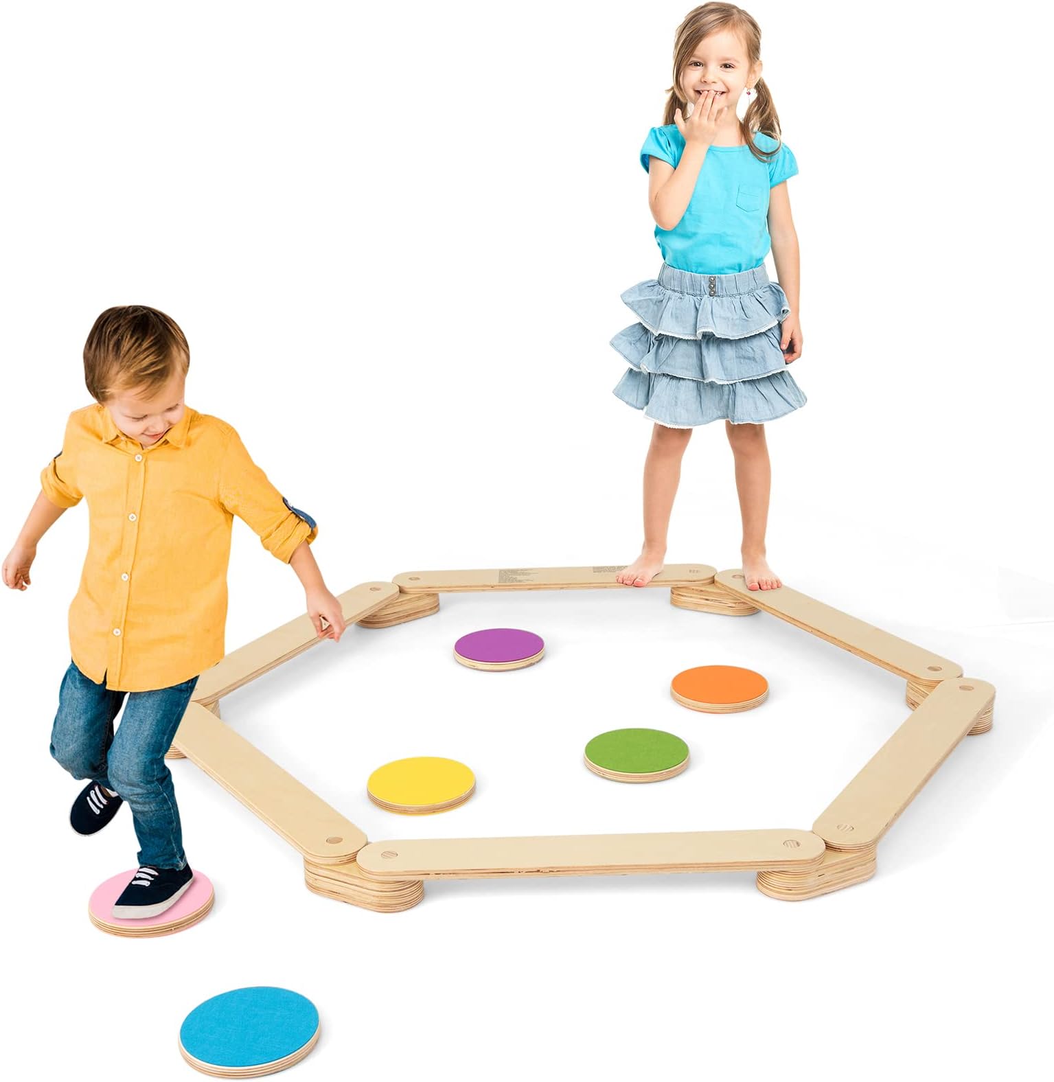 GYMAX Wooden Balance Beam, Kids Balance Board with Colorful Stepping Stones, Outdoor Indoor Toddler Obstacle Course for 3-7 Years Old Boys Girls