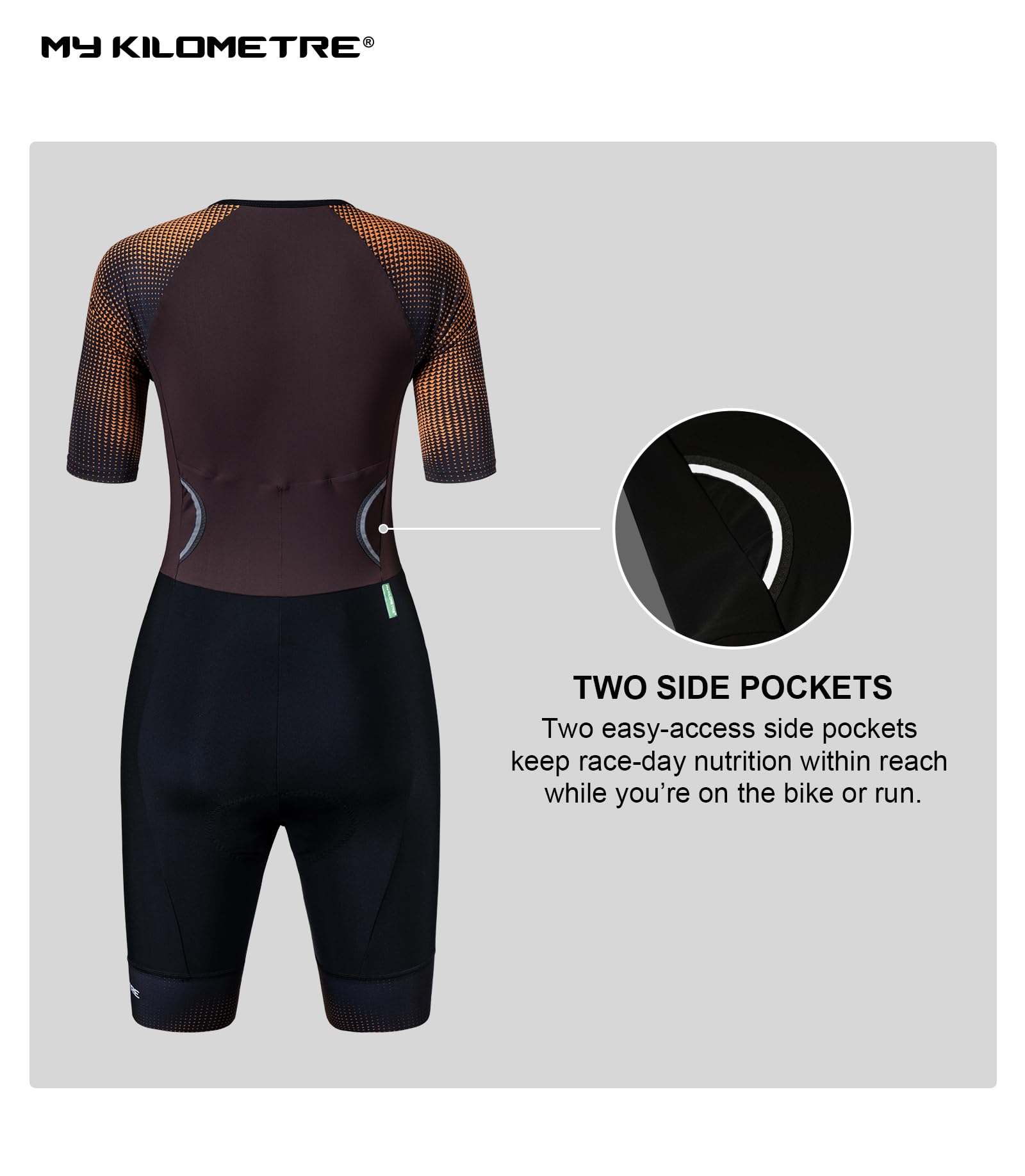 MY KILOMETRE Tuta da Triathlon Uomo a Maniche Corte Trisuit Asciugatura Rapida e Traspirante con Tasca Posteriore e Chiusura Anteriore per Gare e Allenamento