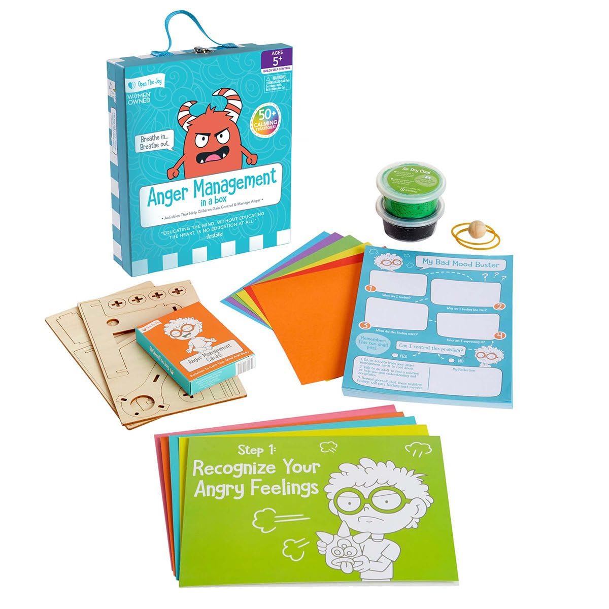 Colourful Anger Management Box for Kids - Educational Toys with Flashcards, DIY Wooden Catapult, Air Dry Putty, Origami Paper, Bad Mood Buster Notepad - Anger Management Toys for Ages 4+