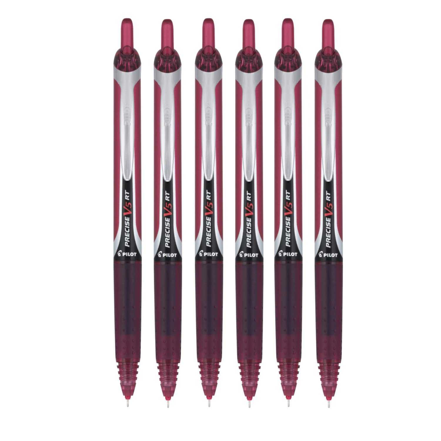 Precise V5 RT Refillable & Retractable Liquid Ink Rolling Ball Pens, Extra Fine Point (0.5mm) Burgundy Ink, 6-Pack