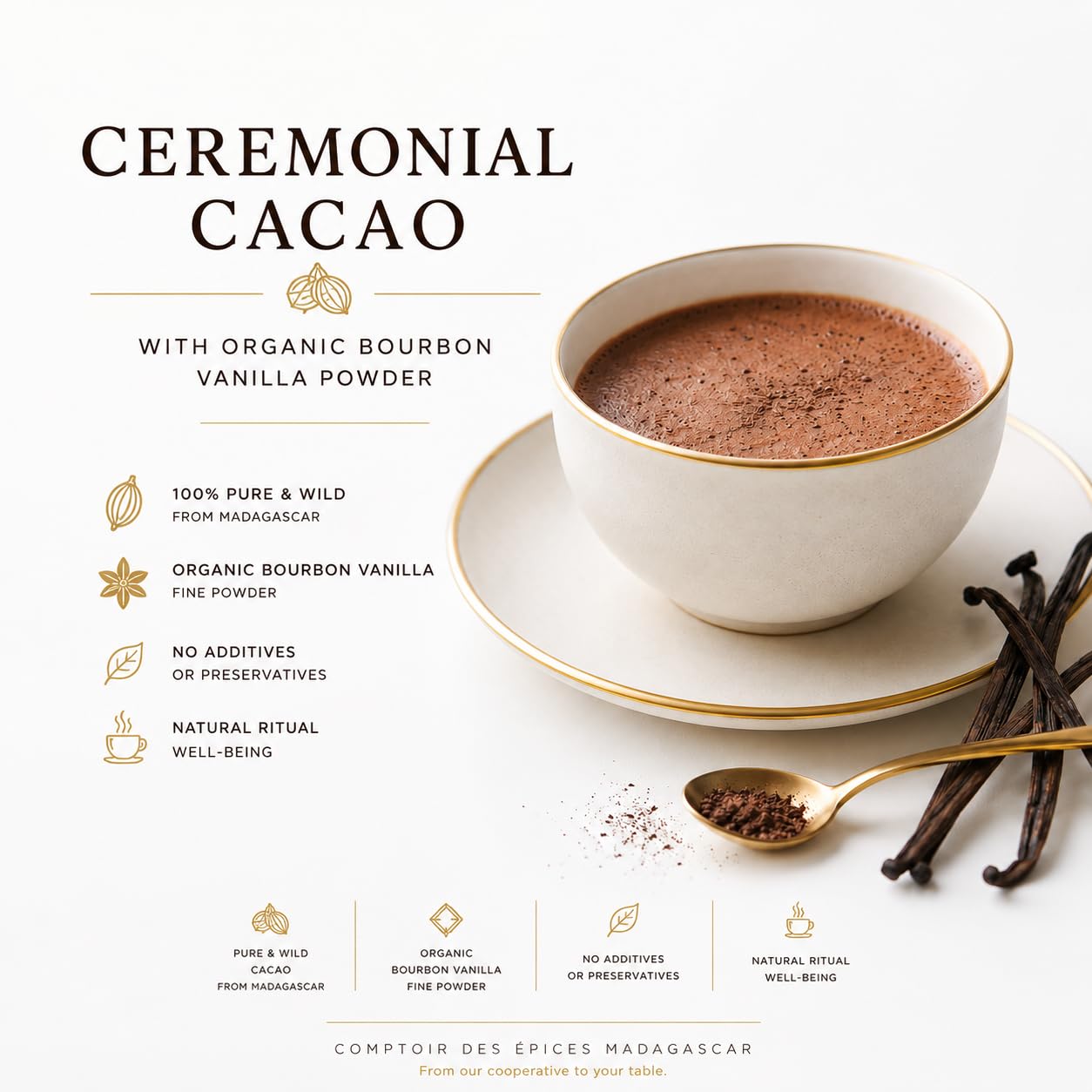 Masse de Cacao Cérémonial 5kg (10x500g) | 100% Pur | Direct Producteur | Notre Coopérative | + Vanille Bourbon BIO 100g Offerte | COMPTOIR DES EPICES MADAGASCAR