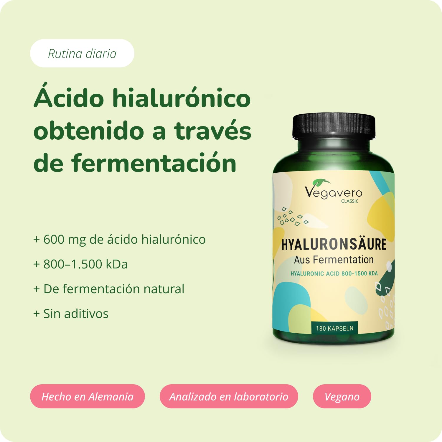 Ácido Hialurónico Puro Vegavero | La Dosis más Alta: 600 mg | Libre de Aditivos & Vegano | 180 Cápsulas | Natural de Fermentación | 800-1500 kDa | Hidratante facial + Articulaciones…