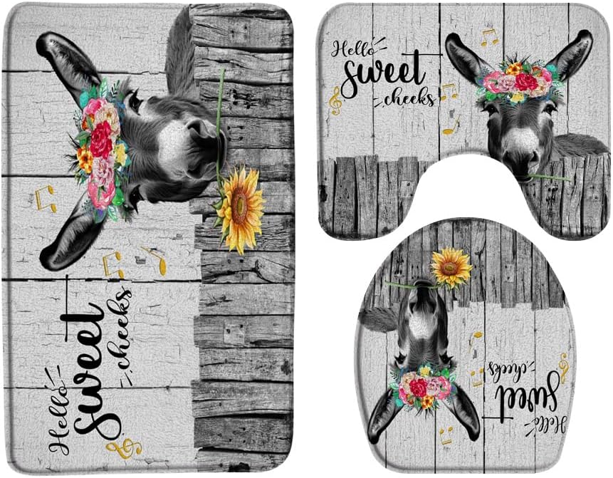 Funny Donkey Bathroom Rug Set of 3,Vintage Sunflower Farm Floral Farmhouse Western Animal Wooden Plank Bath Mats Set for Bathroom, Washable Cover Floor Rug Decor