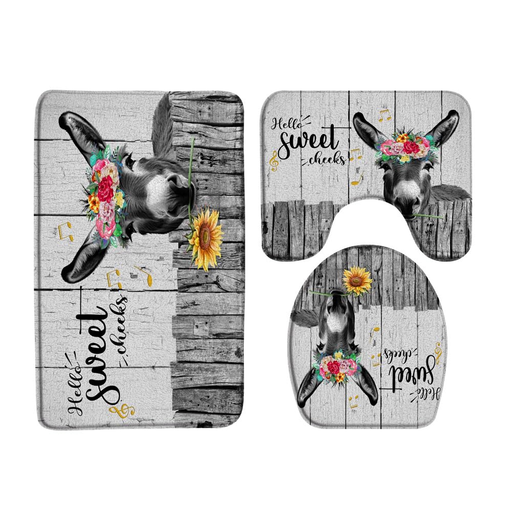 UOZXOML Funny Donkey Bathroom Rug Set of 3,Vintage Sunflower Farm Floral Farmhouse Western Animal Wooden Plank Bath Mats Set for Bathroom, Washable