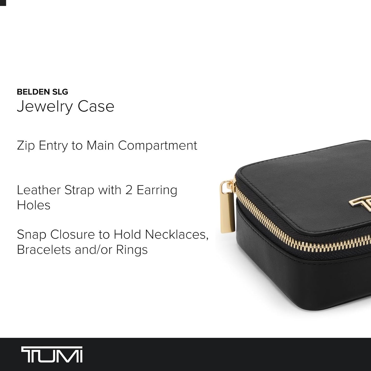 TUMI - Belden Jewelry Case - Women's Premium Leather Travel Accessories Organizer - For Earrings, Rings, Bracelets - Black with Light Gold Hardware