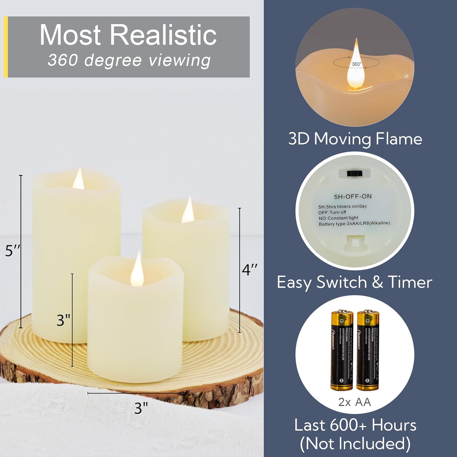 TECHLONG Flameless Candles Battery Operated with Remote Timer, 3D Moving Flame Flickering, Last 600+ Hours Battery Candles, Set of 3 Ivory Real Wax Electric LED Candle for Wedding Party Decor