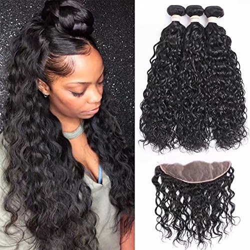 Water Wave Bundles With Frontal Brazilian Water Wave Human Hair With Frontal Closure Natural Color Virgin Hair Bundles With 13x4 Ear to Ear Free Part Lace Frontal (16 18 20 with 16inch Frontal)