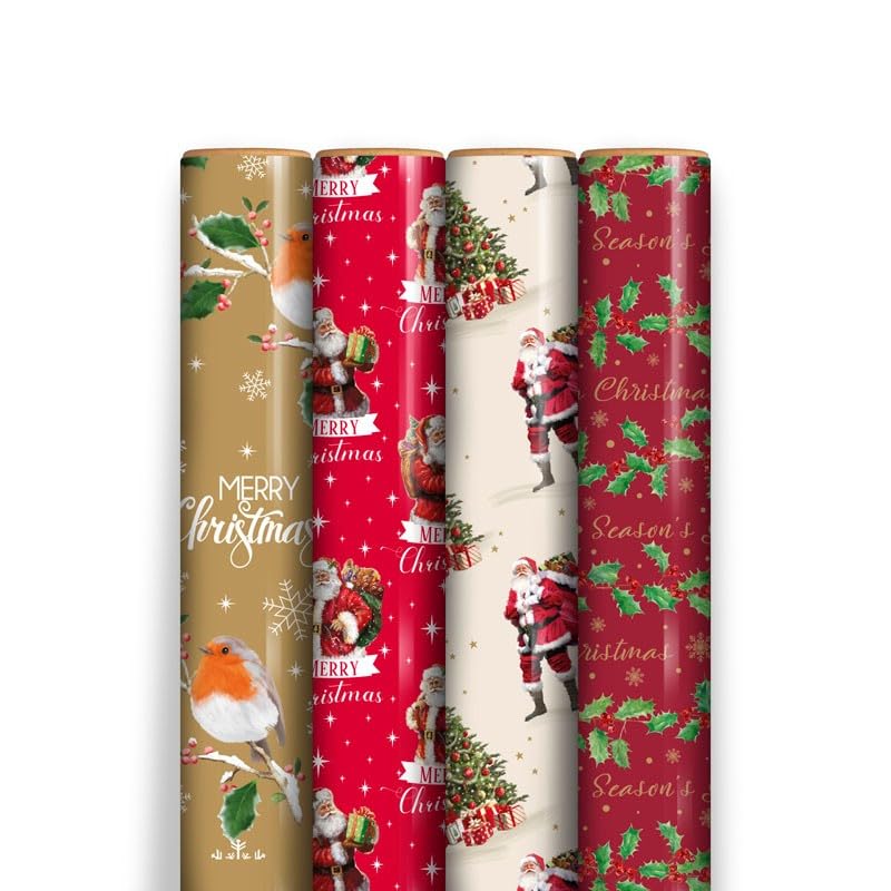 7M Christmas Wrapping Paper Rolls Pack of 4 - Festive Gift Wrap with Santa, Robin, Christmas Tree and Holly Designs - Recyclable Paper for Presents, Crafts and Decorations Traditional — image 1