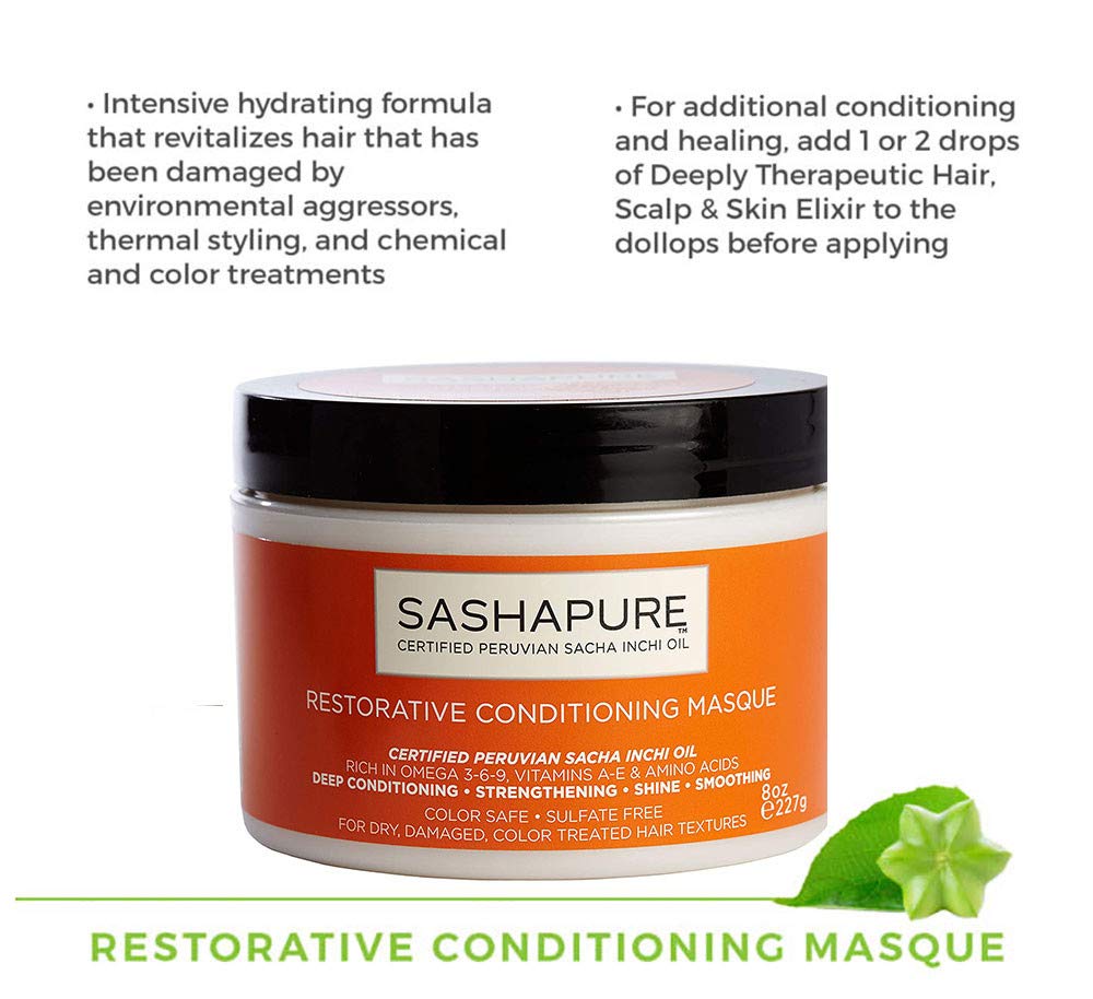 SASHAPURE Restorative Conditioning Masque with Sacha Inchi Oil - Color Safe, Sulfate-Free, Strengthening, Shine, Smoothing Hair Mask, 8 oz
