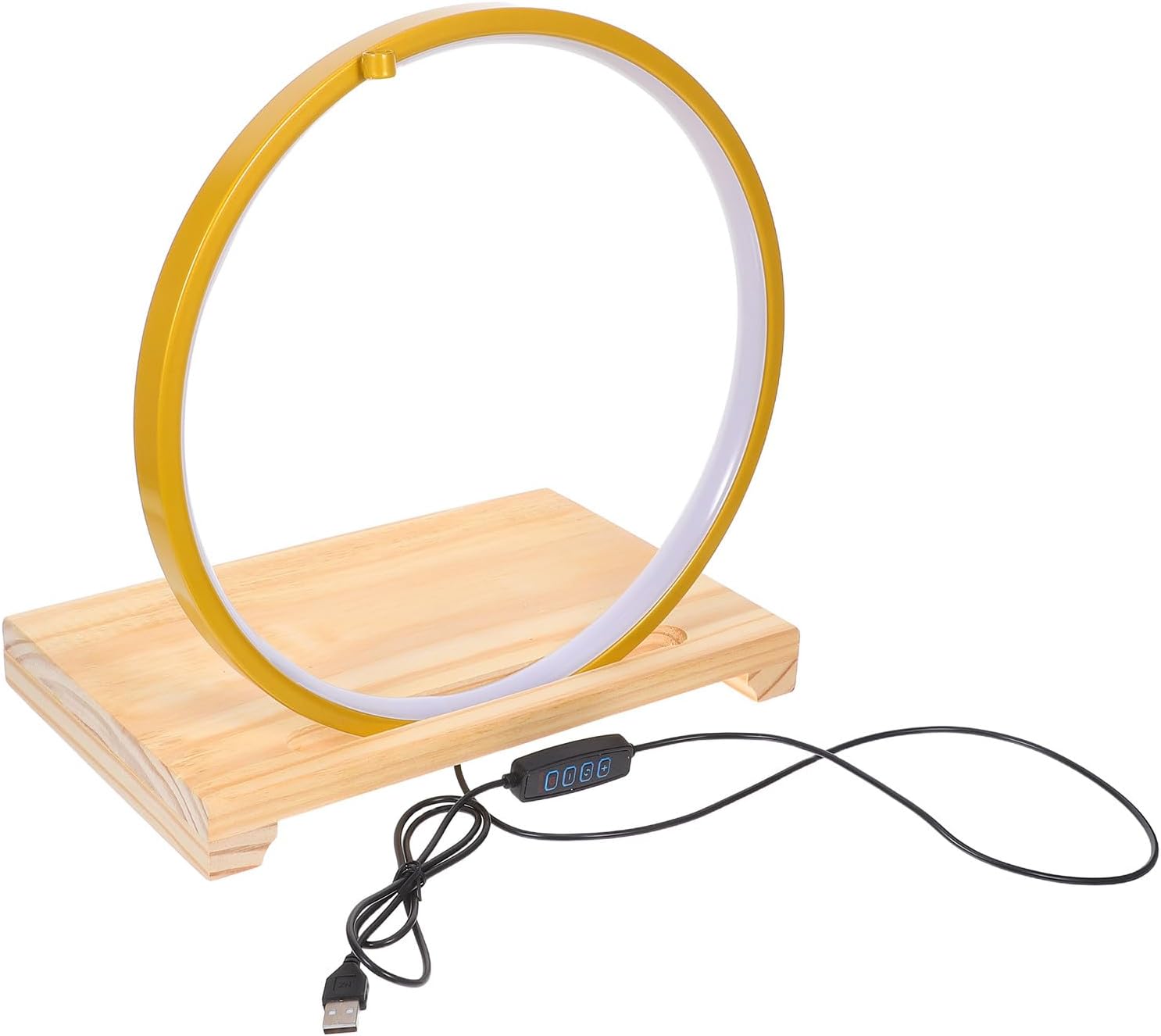 Wooden Lighted Display Pedestal Stand with LED Lamp Base, 30cm Diameter Gold Ring on Natural Wood Base, Zen Buddha Sculpture Table Decor for Office and Entryway