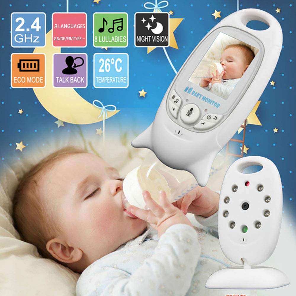 Baby Monitor Baby Phone Vigilabebés Supervisar el Cuidado 2.4G 2" LCD Función de Visión Nocturna con Clavijas Digital Inalámbrico Cables de Intercomunicación 2 Enchufe Cable de Carga Seguridad para Bebé, Color Blanco