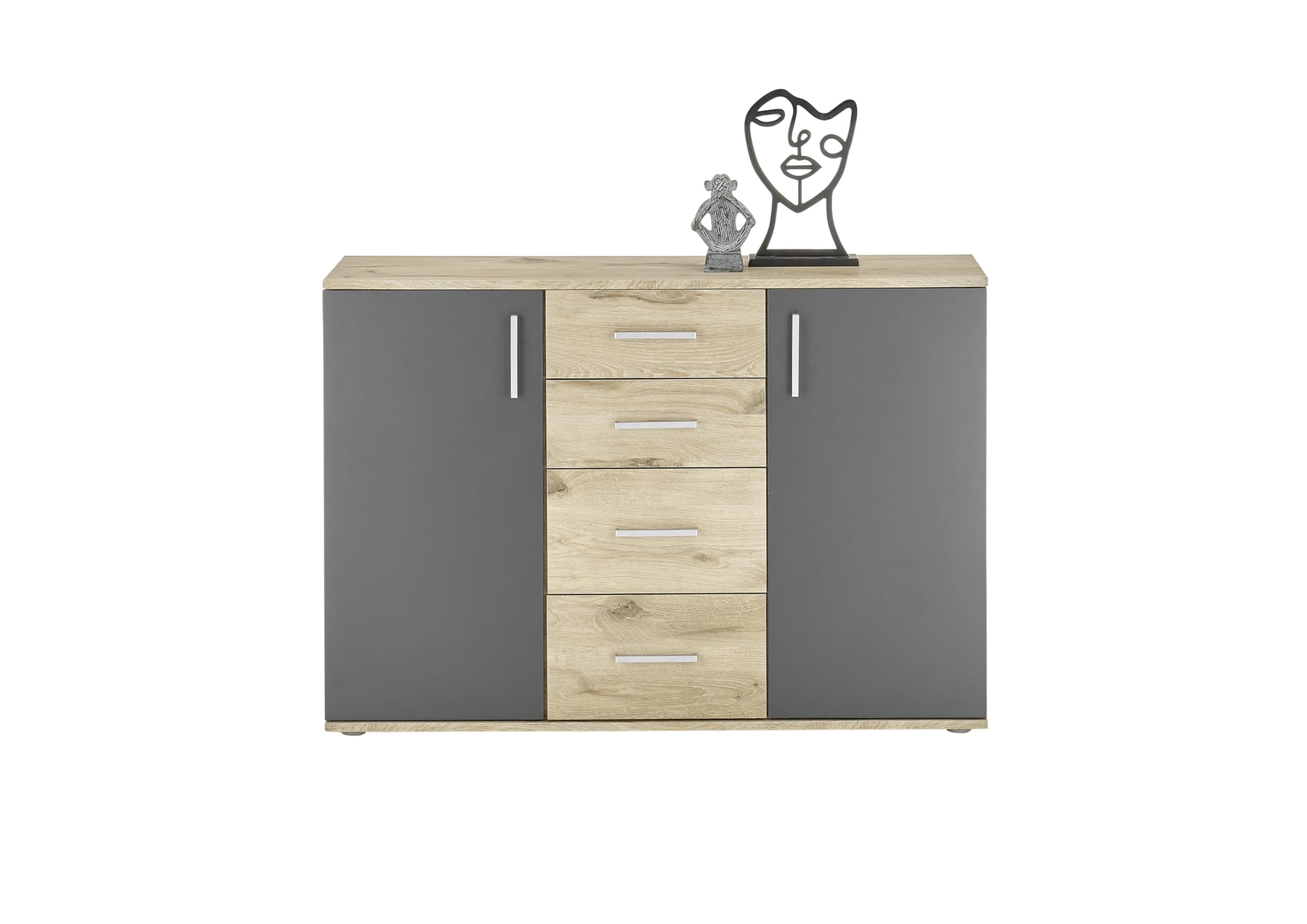 AVANTI TRENDSTORE - Bea - Comò in Legno Laminato con 2 Ante e 4 Cassetti, Colore Quercia Viking e Grigio, per Soggiorno o Camera da Letto, Dimensioni: LAP 120x84x35 cm