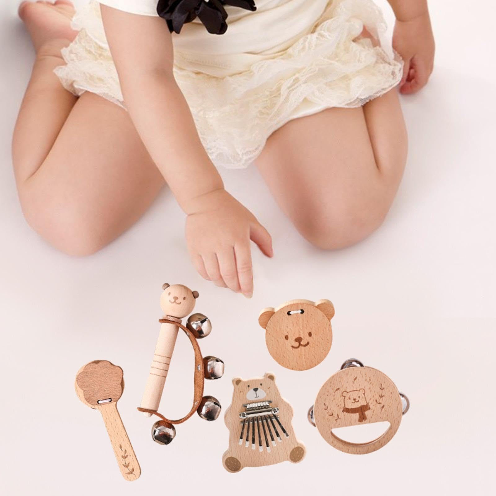 Generic Hölzerne Rassel Set Rassel Spielzeug Bildung Handaugenkoordination Hand Rasseln Glocke Percussion Instrumente für Boy Girl Geschenk, 5 Stück