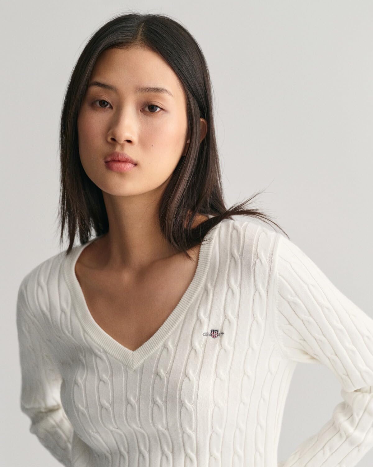 GANT Damski sweter ze stretchem bawełnianym z dekoltem w serek, Eggshell, Standard, Eggshell, M