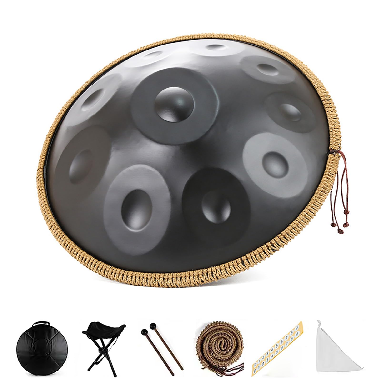 Handpan zestaw perkusyjny 56 cm, instrument perkusyjny 432 Hz, 10 nut, zawiera miękką torbę, młotki, stojak, naklejki na notatki, ściereczkę do czyszczenia, do medytacji, terapii muzycznej i występów