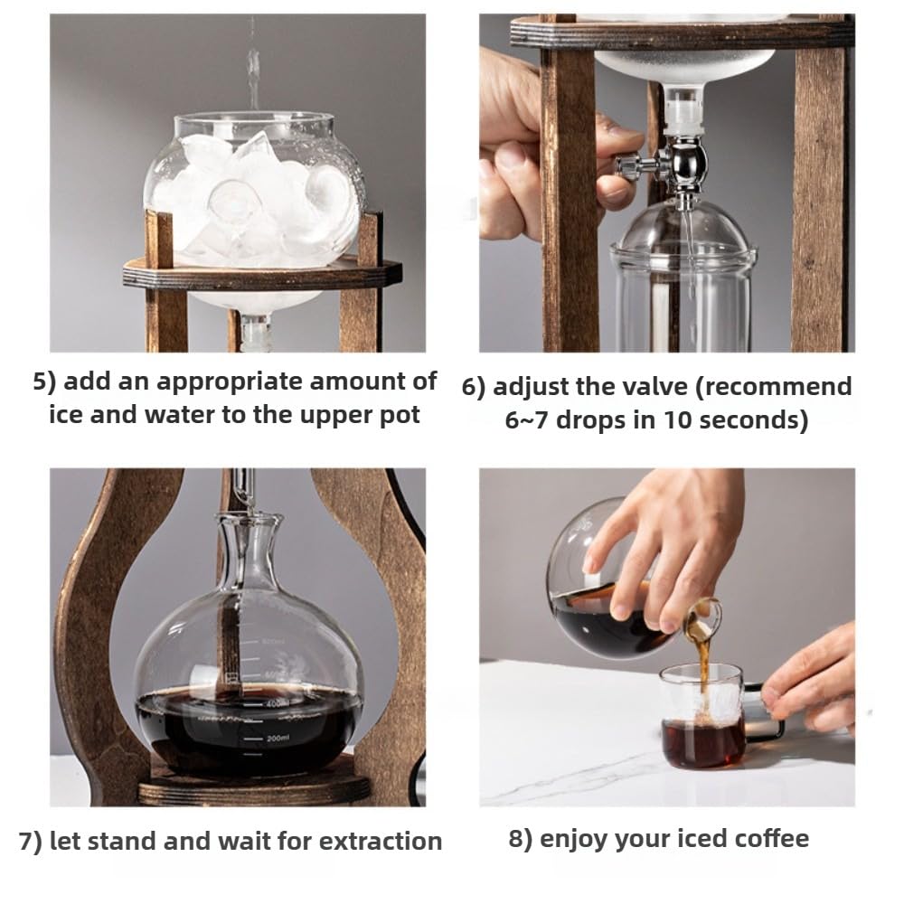 Ekspres do kawy Cold Brew z drewnianym stojakiem, szklany zestaw dzbanków do kawy, odporny na ciepło, gęsty filtr, 100 bibułek filtracyjnych, łyżka do serwowania