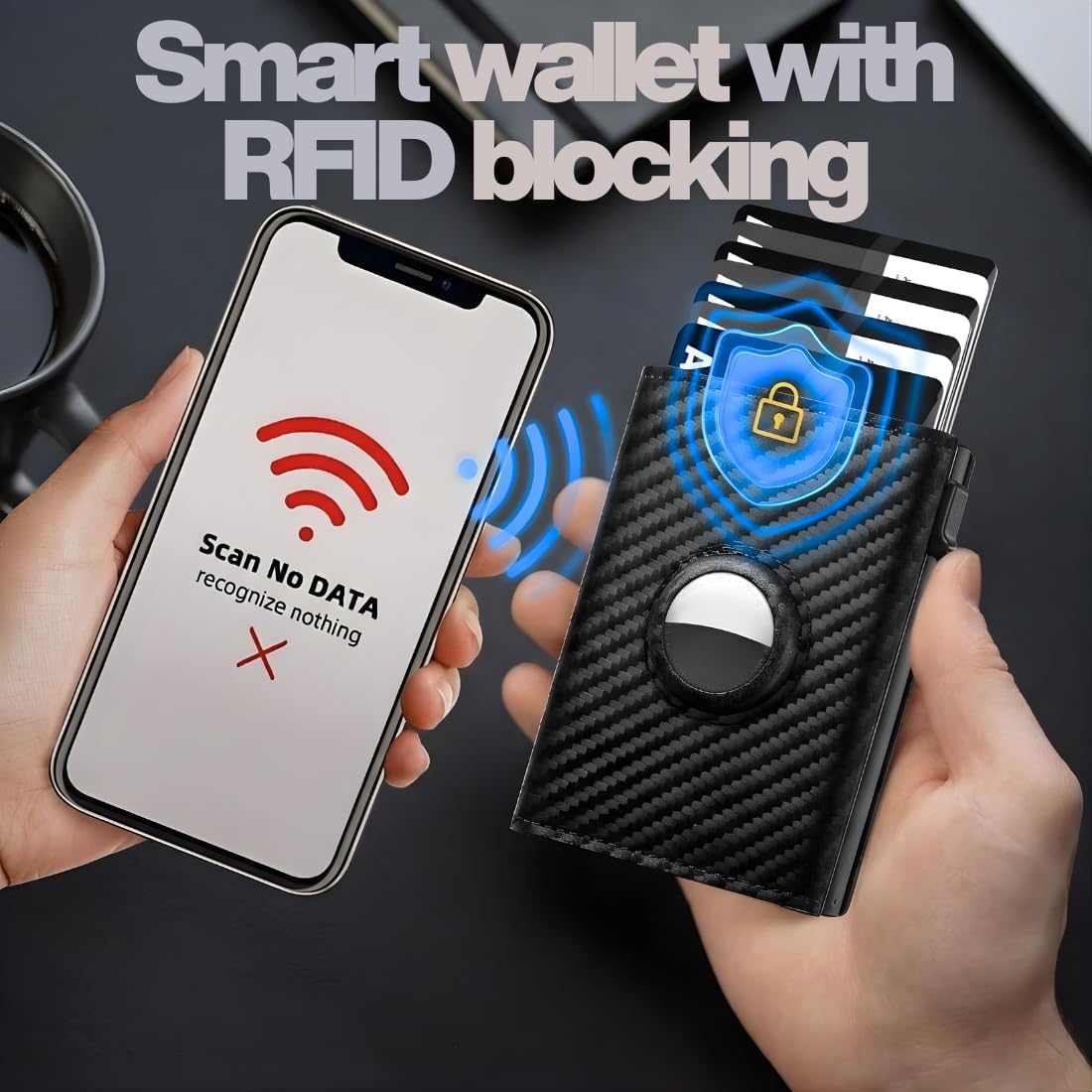 Mens Wallet with AirTag Holder – RFID Blocking Pop-Up Aluminum Case, Trifold, Compact Design, Minimalist, Up to 10 Cards & Cash, ID Window, MicroFiber Leather, Gift Box (Black) •