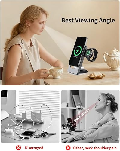 Miniatura 4 de Estación de carga inalámbrica plegable 3 en 1 para iPhone, Apple Watch, AirPods, marco de aleación de aluminio, carga rápida de 15 W, soporte