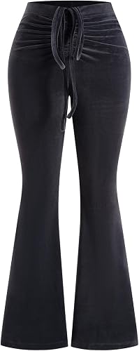 winkbay Women's Y2k Velvet Ruched Low Rise Tie Front Flare Pants Dark Grey