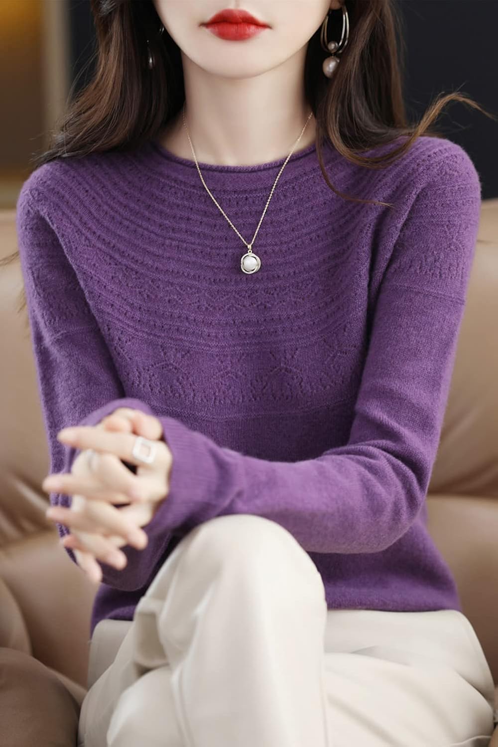 100% Merino Wool Sweaters Women's Fall Winter Warm Soft Knitted Loose Pullover Crew Neck Long Sleeves - Image 2