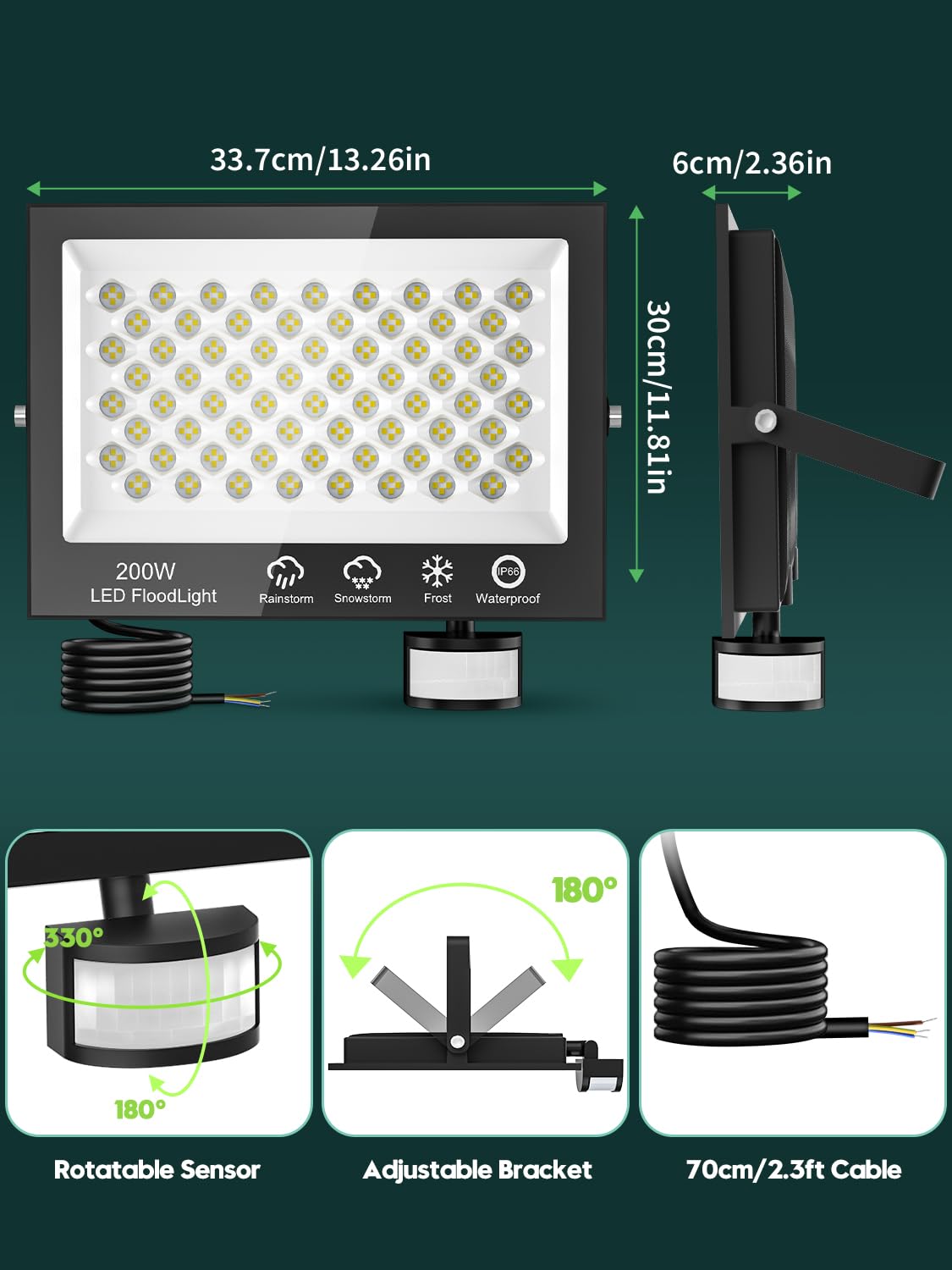 Faretto LED da Esterno 200W 20000LM con Sensore di Movimento e Telecomando, 6500K Bianco Freddo, IP66 Impermeabile per Patio, Giardino, Garage