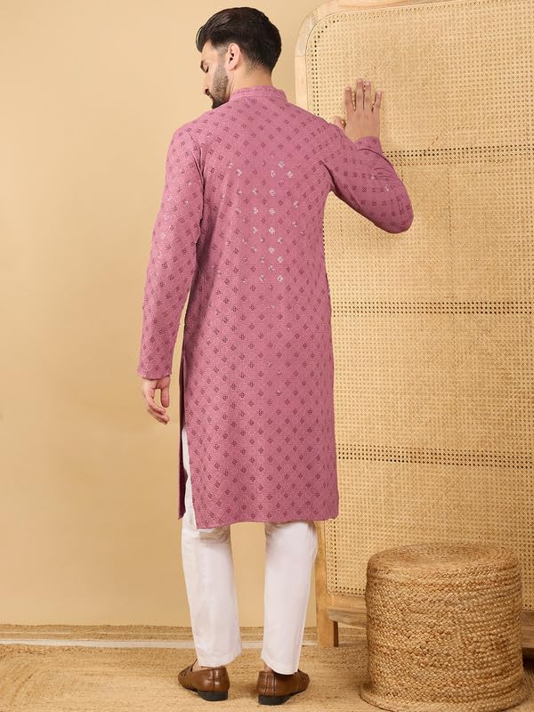 Image of Men's Solid Embroidered Long Straight Kurta | Men's Kurta | Embroidered Chikankari Kurta for Men | Straight Fit Kurta for Men