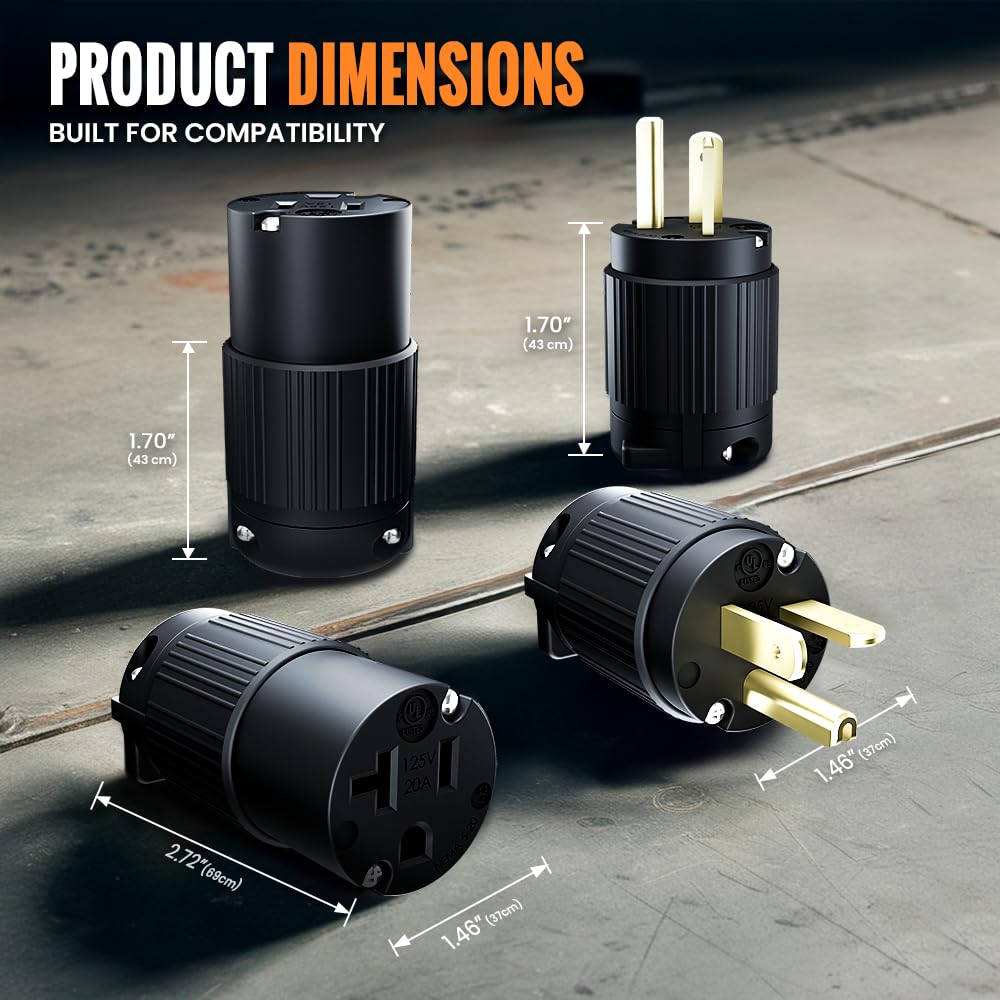 Journeyman-Pro 520PC Plug & Connector Set 20 Amp 120V 125 Volt, NEMA 5-20P + 5-20R (5-20C), 2Pole 3Wire, 20A Straight Blade, Male & Female Replacement Cord End, Commercial Grade (5)