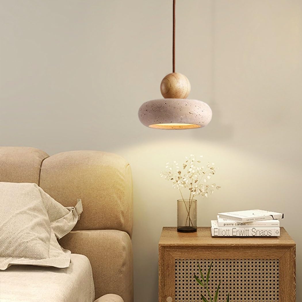 Lustre Suspendu En Pierre Naturelle Wabi-Sabi – Travertin Jaune – Hauteur Réglable – Style Vintage – Pour Salon, Salle à Manger