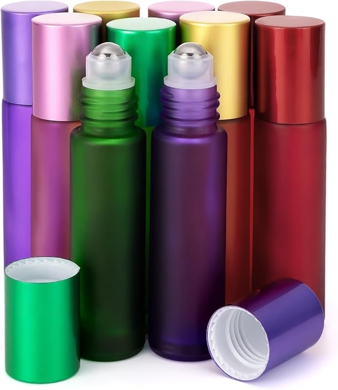 Kesell Frascos Roll-on de Vidro Fosco com Esfera de Aço Inoxidável, 10 mL, 5 Cores, Pacote com 10