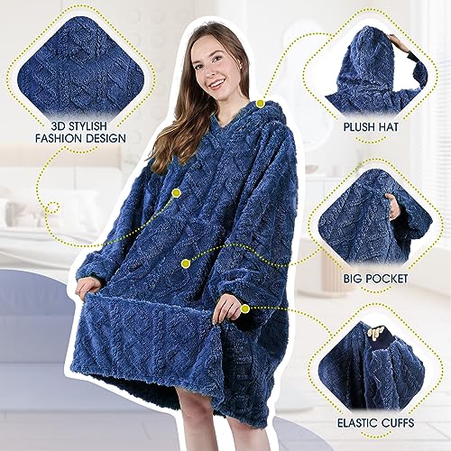 MIZZEO Microfiber Wearable Blanket, Oversized Light Wearable Blanket Hoodie for Adults, Cozy Soft Warm Plush Hooded Blanket Gifts for Women, One Size Fits All (Navy)