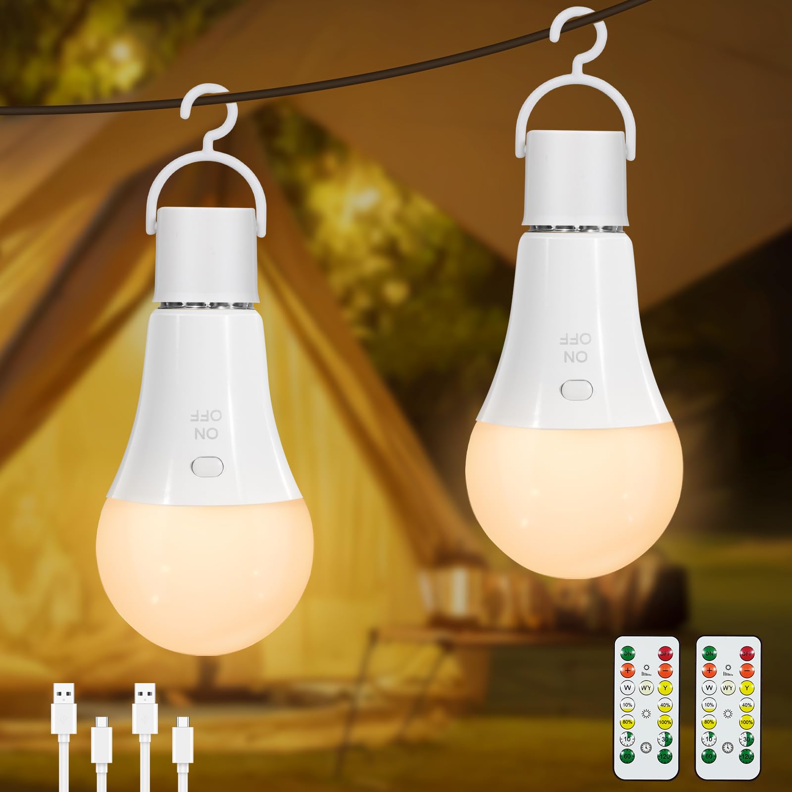 Dehobo Glühbirne Mit Batterie E27 Aufladbare Glühbirne Mit Fernbedienung - 7W Wiederaufladbare Ladung Camping Lampe 3 Farben Dimmbare - Akku birne Mit Timing Funktion Mit Taste, Outdoor Lampe 2 Packs