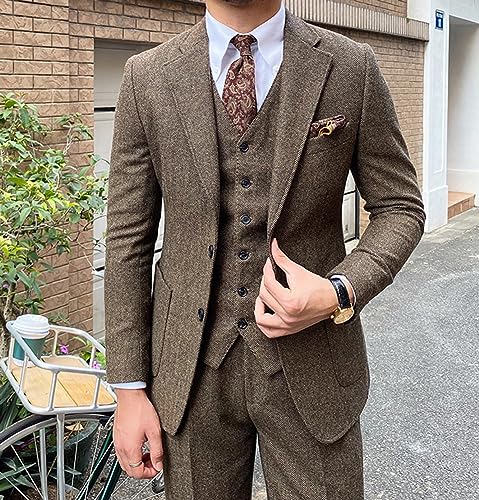 Men’s 3 Piece Wool Tweed Herringbone Men's Suits Two Button Wedding Business Tuxedo Solid Blazer Jacket Vest Pants2