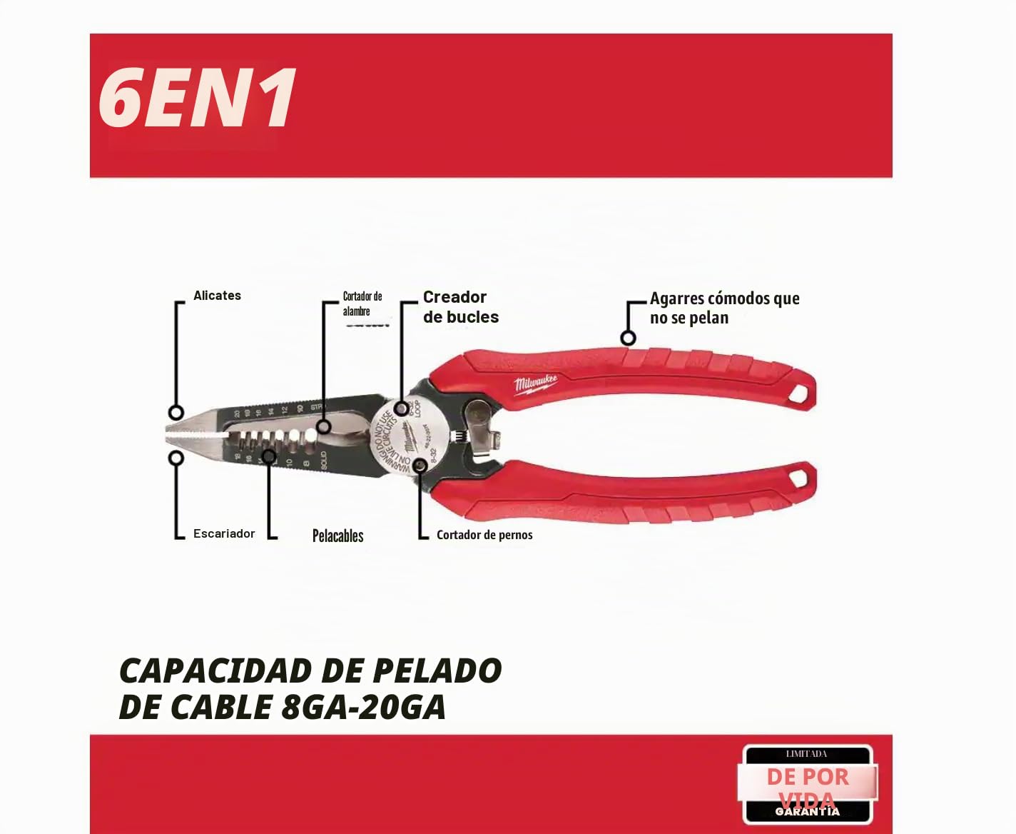 Milwaukee 48-22-3079 - Alicates para pelar cables y escariado 6 en uno para electricistas