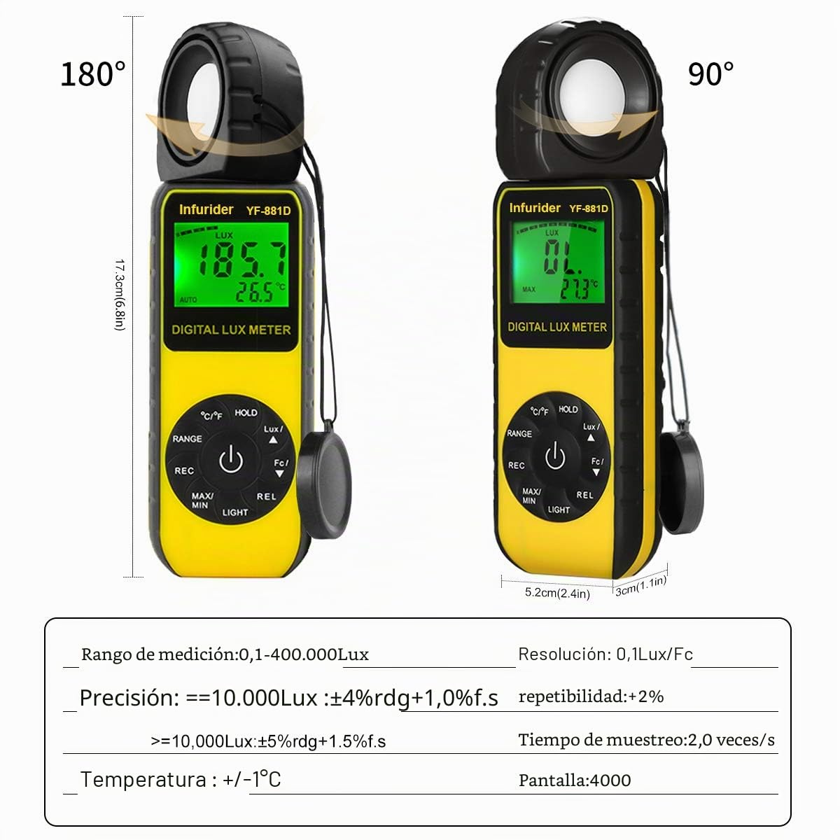 Medidor de Luz (0.1-400,000 Lux),INFURIDER YF-881D Luxómetro Digital Medidor de iluminación Iluminómetro con Temperatura Ambiente,Fotómetro para Fotografía LED de Cultivo de Plantas