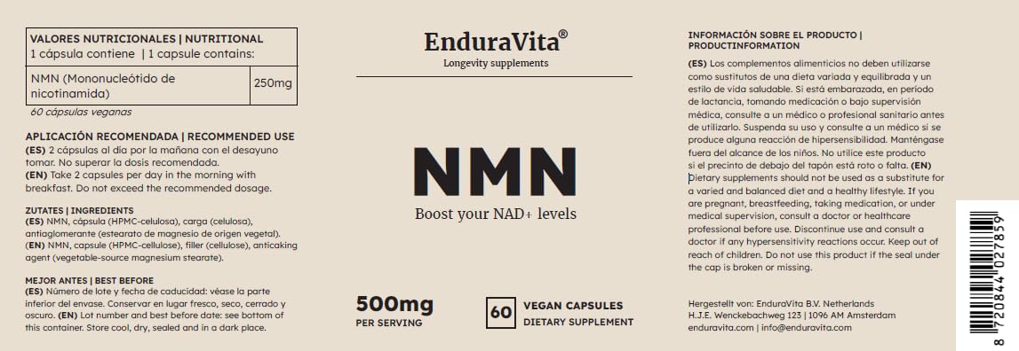 Premium NMN Cápsulas | 500mg por dosis | >99,8% pureza | Potenciador de NAD+ | Uthever® NMN | Doble prueba de laboratorio (NL/EU/US) de calidad y seguridad | 60x250mg