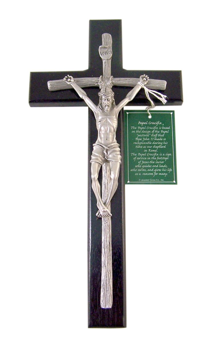 Walnut Wood Crucifix Black Finished with Overlay Pewter Corpus and Papal Cross, 12 Inch