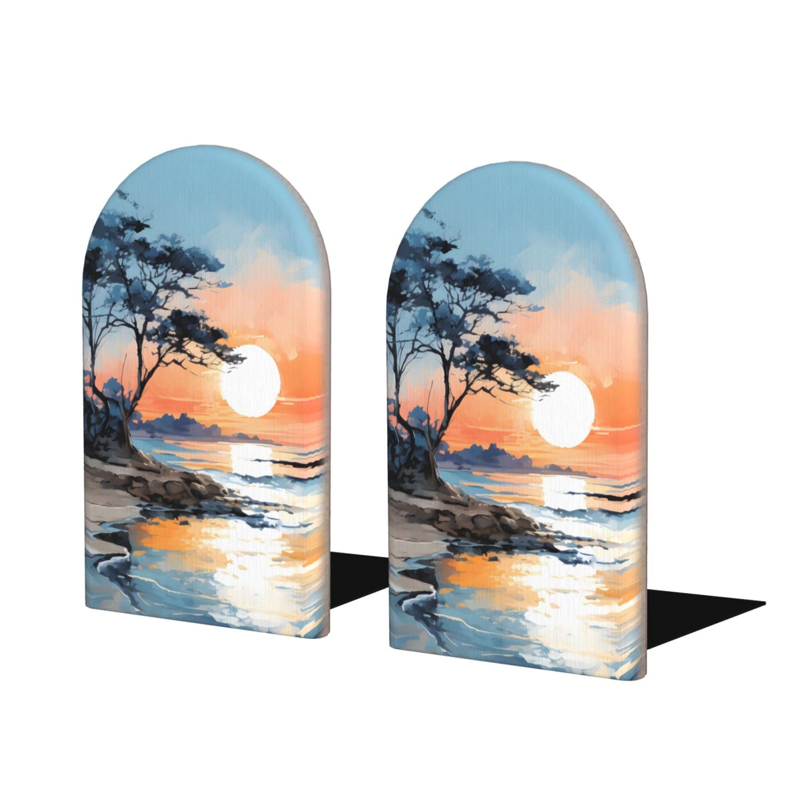 Book Ends Wooden Bookends Book Holder Coastal Sunrise Book Ends for Shelves Non Skid Bookends Decorative Book Ends for Home Office School