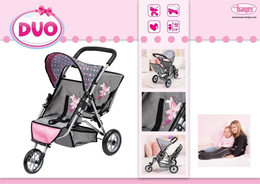 Bayer Design 39166AA Wózek dla lalek Duo, bliźniaczy jogger, składany, z koszem na zakupy, szary, różowy, wróżką