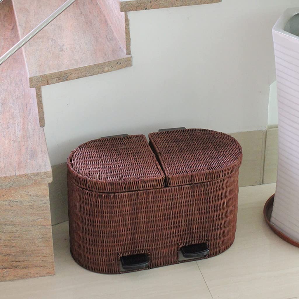 Bathroom Waste Basket Ladder with Lid 2 Trash Cans, Plant Rattan Weaving, Rectangular Living Room Trash Can, Kitchen Compost Bin, Bathroom Wastebasket Kitchen Garbage Can (Color : A) (A)