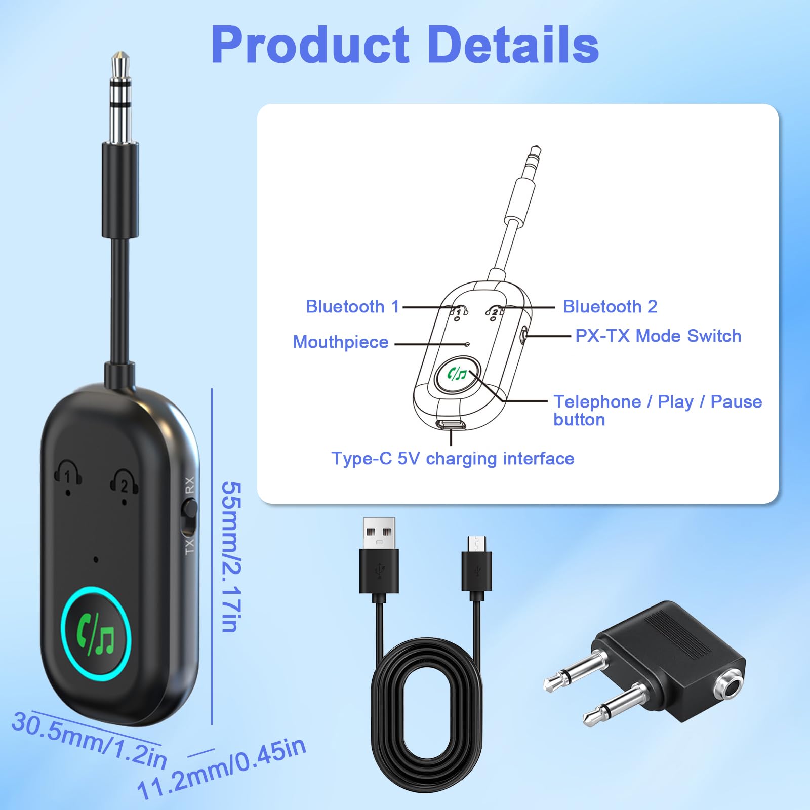 Trasmettitore Bluetooth 5.3, Adattatore Bluetooth 2-in-1, Adattatore Cuffie Aereo Supporta 2 Auricolare, 3.5 mm AUX Jack Trasmettitore per TV, Telefono Mobile, Car Audio Systems, Palestra