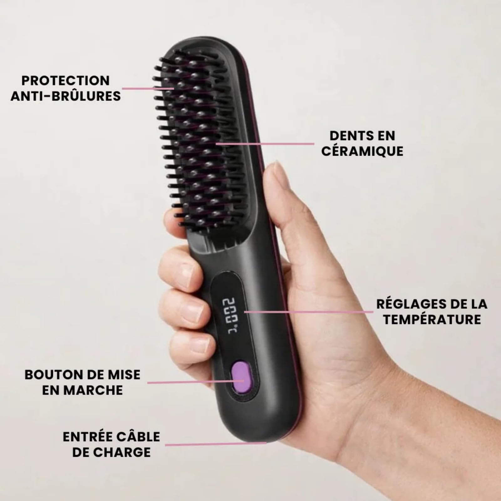Cosylane Brosse Coiffante,Brosse Lissante Sans Fil pour Cheveux Courts,3 Niveaux de Chaleur, Écran LED,Chargement Type-C,Léger et Portable,Chauffage instantané en 20 seconde