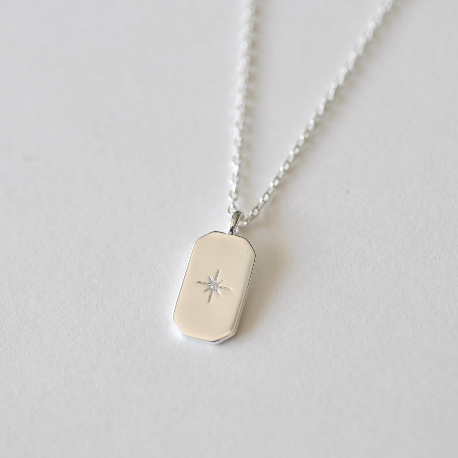 Dainty Star Rectangle Tag Necklace in Sterling Silver 925 - Image 2