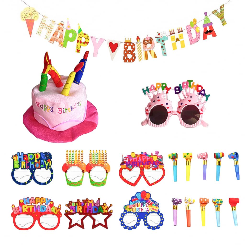 LYKIN 19Pcs Funny Birthday Hat Set, Plush Cake Party Hats for Adults, Happy Birthday Bunting, Novelty Party Glasses & Blowers, Birthday Accessories and Photo Booth Props Party Favours