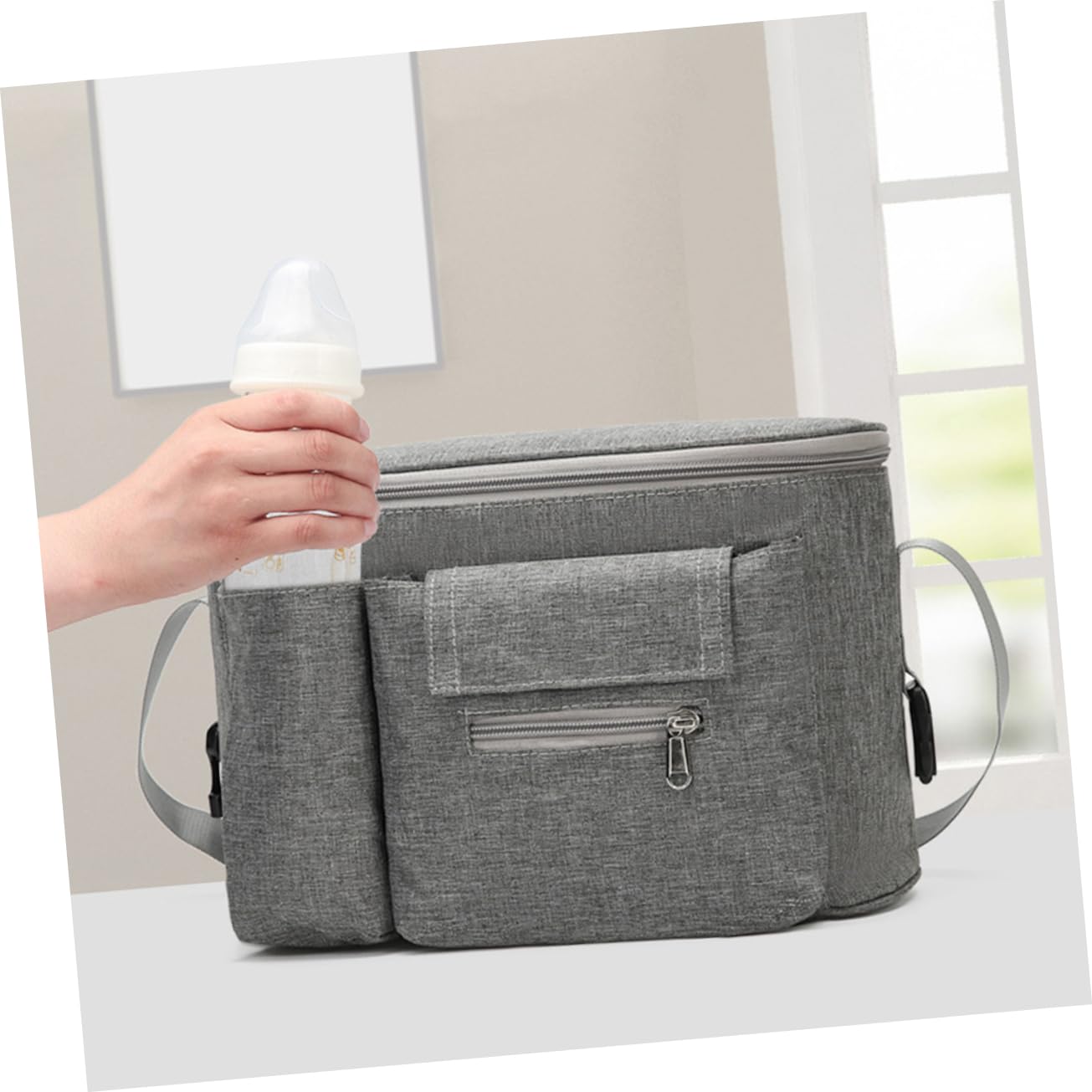 VANZACK Multi Functional Supply Pouch Diaper Container for Strollers for Diapers and Essentials Grey Nursery Bag with Front Tissue Bottle Pocket
