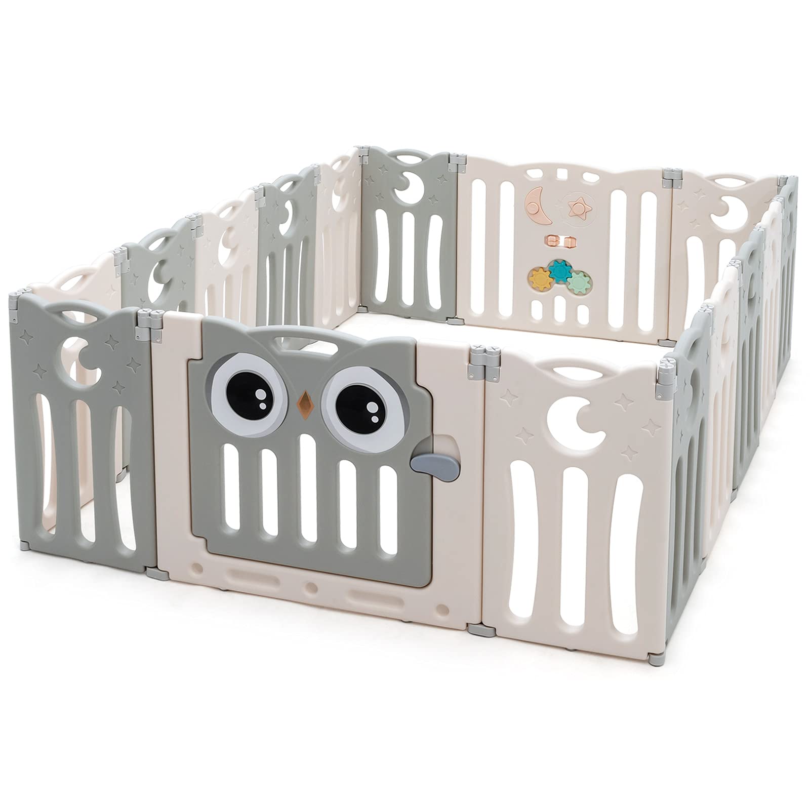 HONEY JOY Baby Play Yard, 16 Panel Owl Style Infant Playpen Activity Center for Toddlers, Anti-Slip Base & Lockable Door, Indoor Portable Safety Baby