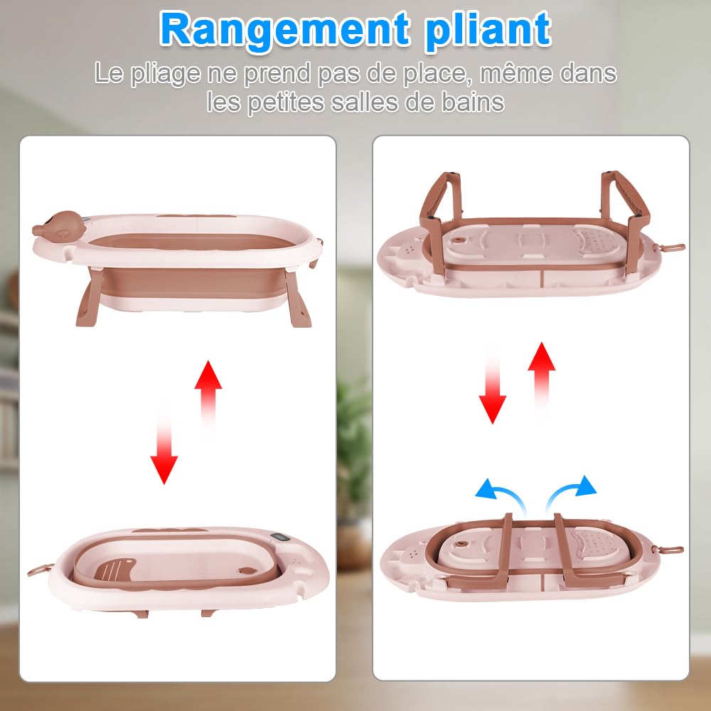 OHMG Vasca da Bagno per Bambini Pieghevole con Piedi, Grande Vasca XXL con Supporto, Termometro 2.0, Seggiolino e Kit di Drenaggio, Vaschetta per Neonati, Ideale per la Doccia, Dalla Nascita a 3 Anni